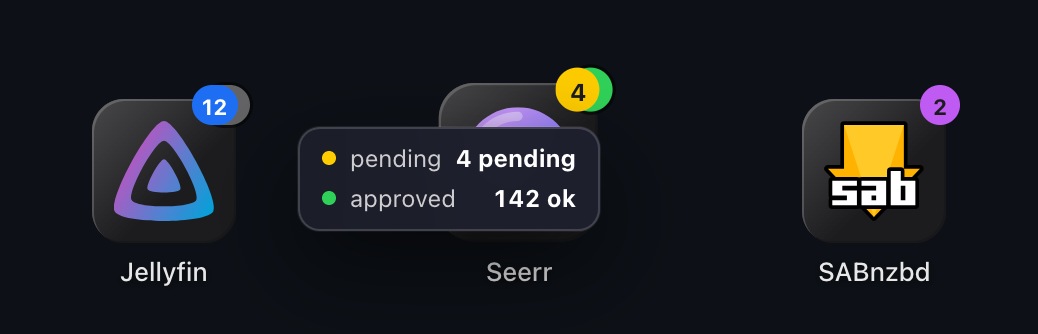 An app tile with its badge list open, showing pending and approved with their values